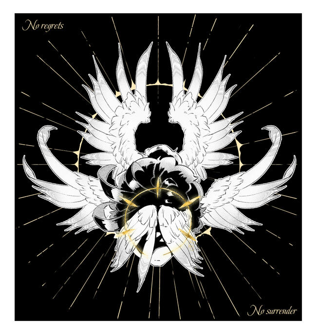 An angel head in black and white with golden details. It has 6 wings, black hair and hidden eyes