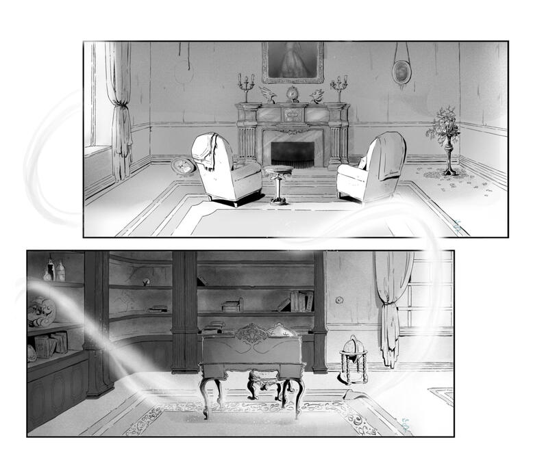 Two manga panels of the same place. First one is the