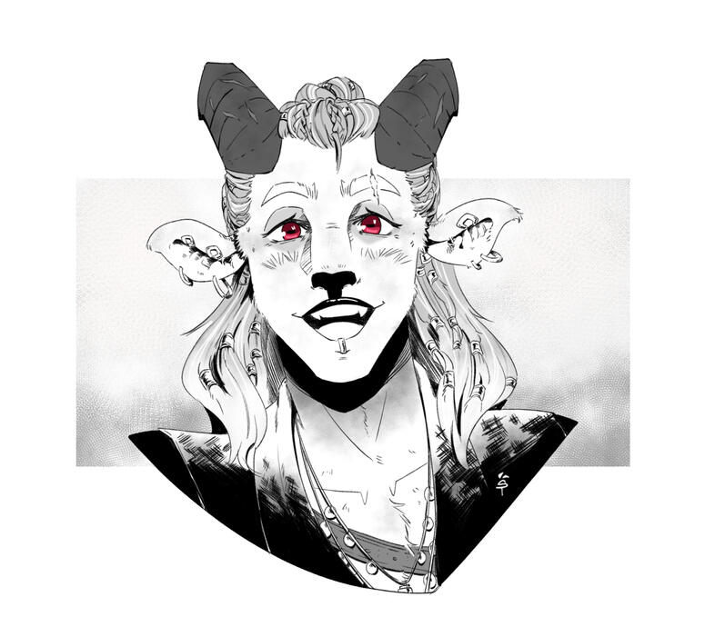 A humanoid goat in black and white with cutted horns and red eyes smiling.