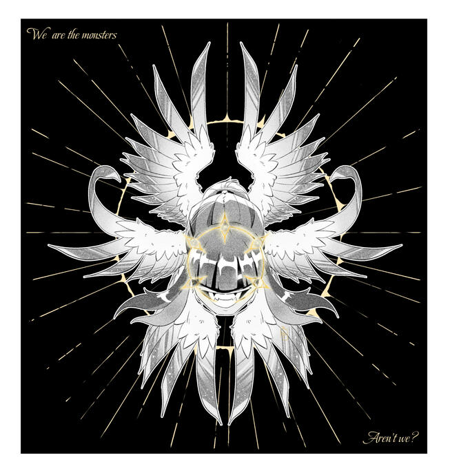 An angel head in black and white. It has 6 wings and eyes covered for their bangs. She has long dark hair and a huge creepy smile